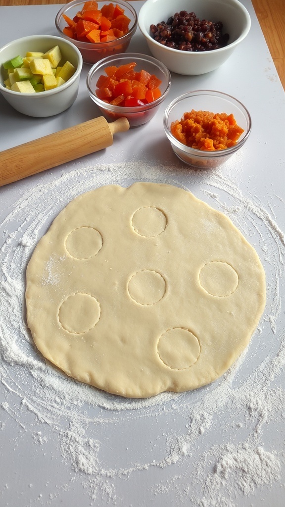Rolled out flaky dough for patties on a floured surface with a rolling pin and bowls of fillings.